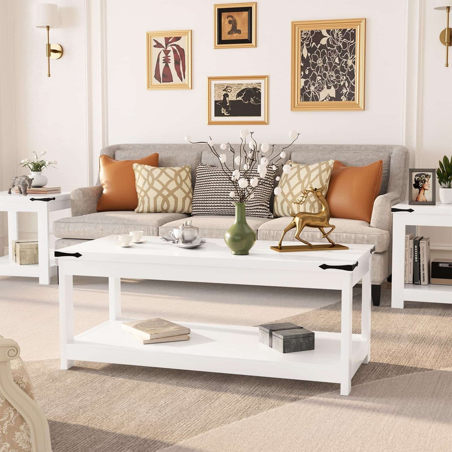 43.3” Farmhouse Wood Coffee Table with Storage Shelf, Modern Center Table for Living Room