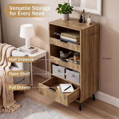 Modern Fluted Storage Cabinet, 51.2" Tall Freestanding Organizer with 3 Drawers & Open Shelf, Versatile Pantry Cabinet for Bathroom, Kitchen, Entryway - Narrow Design for Small Spaces