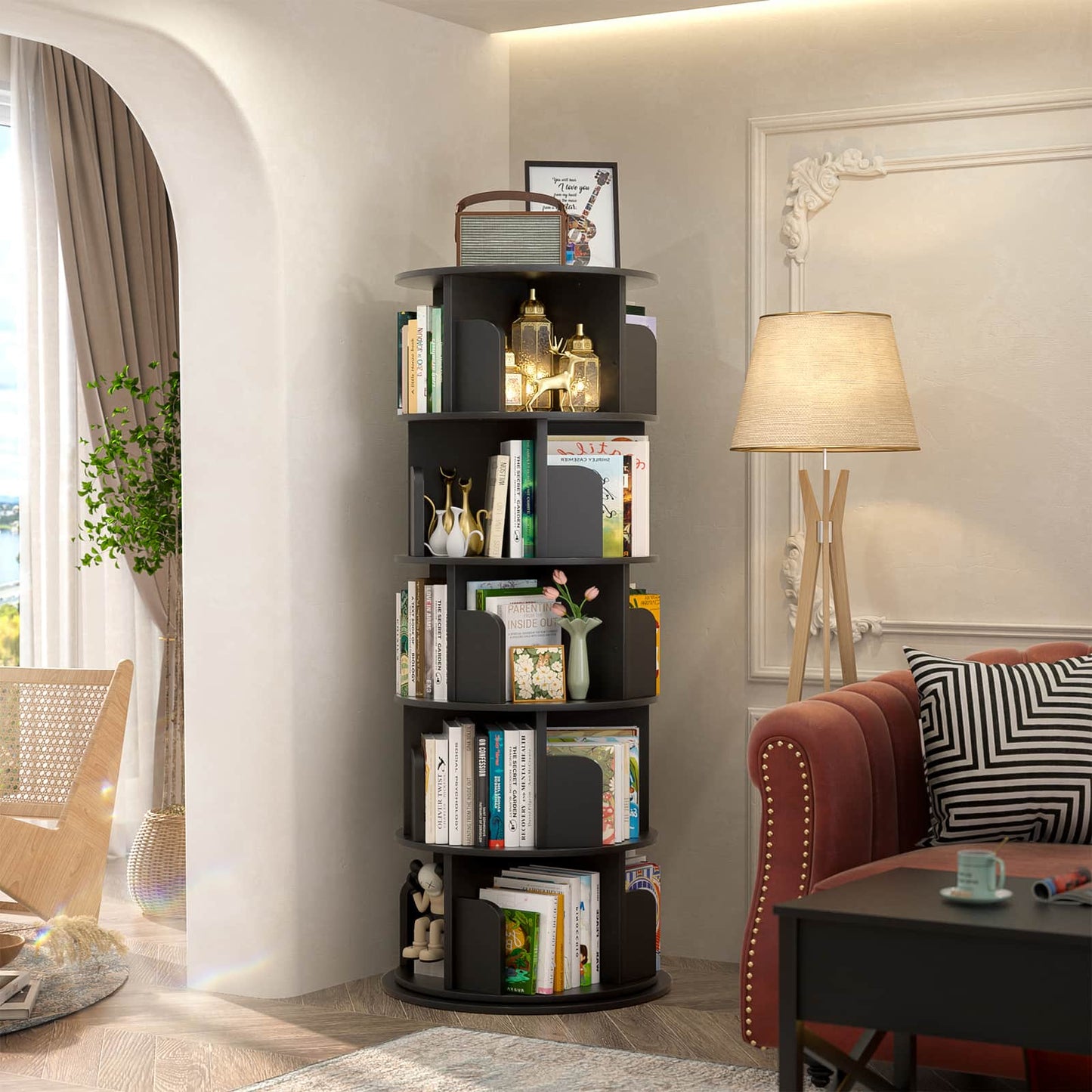 Rotating Bookshelf, 360 Display Wood Spinning Bookshelf Tower