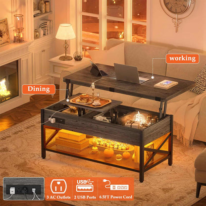 Coffee Table Lift Top with LED Light and Power Outlet, Multi-Function Coffee Table Converts to Dining Table