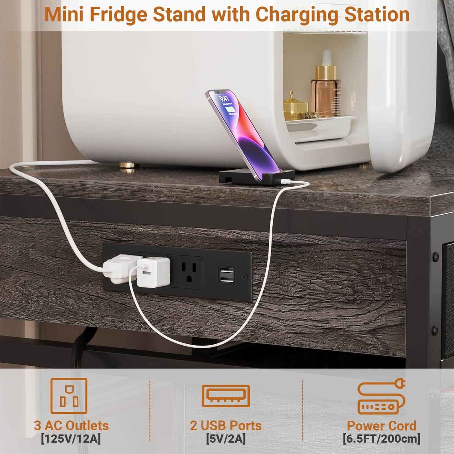 Mini Fridge Stand with Drawer Storage & Sockets, Heavy Duty Mini Refrigerator table with Rolling Cabinet