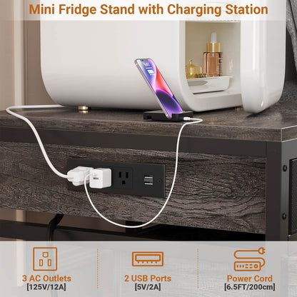 Mini Fridge Stand with Drawer Storage & Sockets, Heavy Duty Mini Refrigerator table with Rolling Cabinet