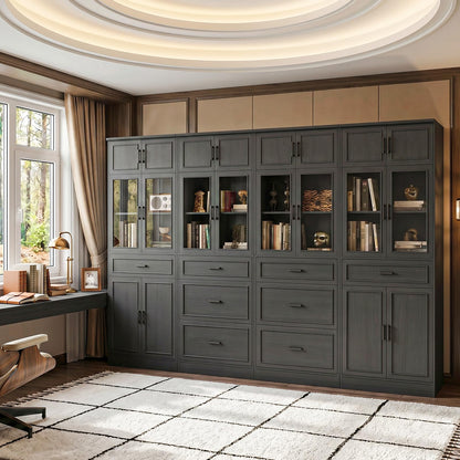 80" Tall Modular Bookshelf and Storage Cabinet Set with Glass Doors and Drawers