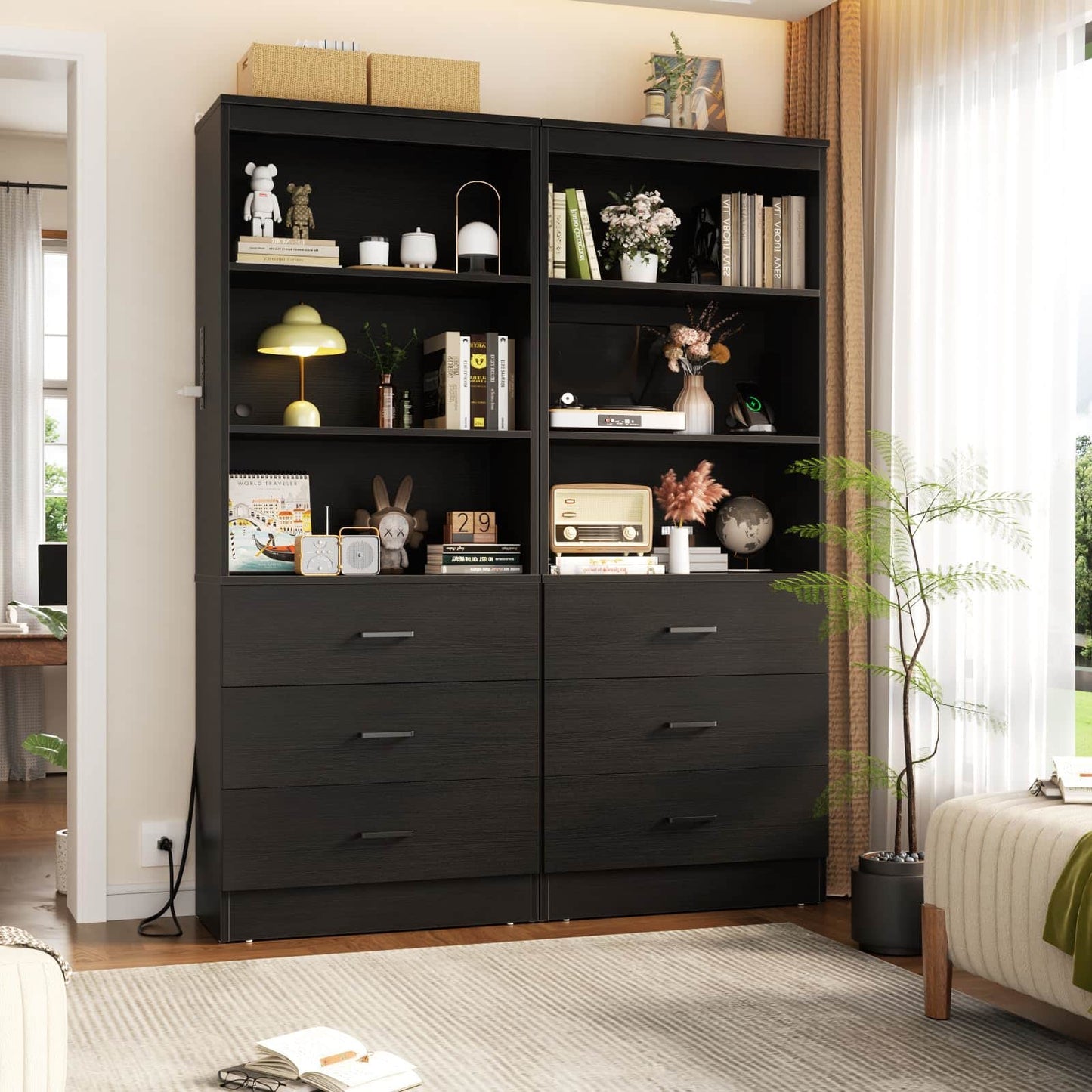 71" Tall Bookcases with 3 Large Drawers & 3 Shelves, Wooden Bookshelf for Living Room Offic
