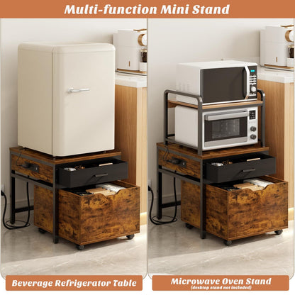 Mini Fridge Stand with Drawer Storage & Sockets, Heavy Duty Mini Refrigerator table with Rolling Cabinet
