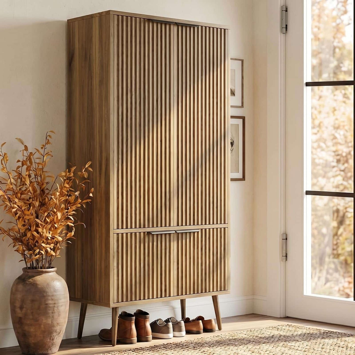 51.2" Freestanding Storage Cabinet with 4 Fluted Doors, Adjustable Shelves & Raised Legs - Wobble-Free Organizer for Bathroom, Kitchen, Living Room