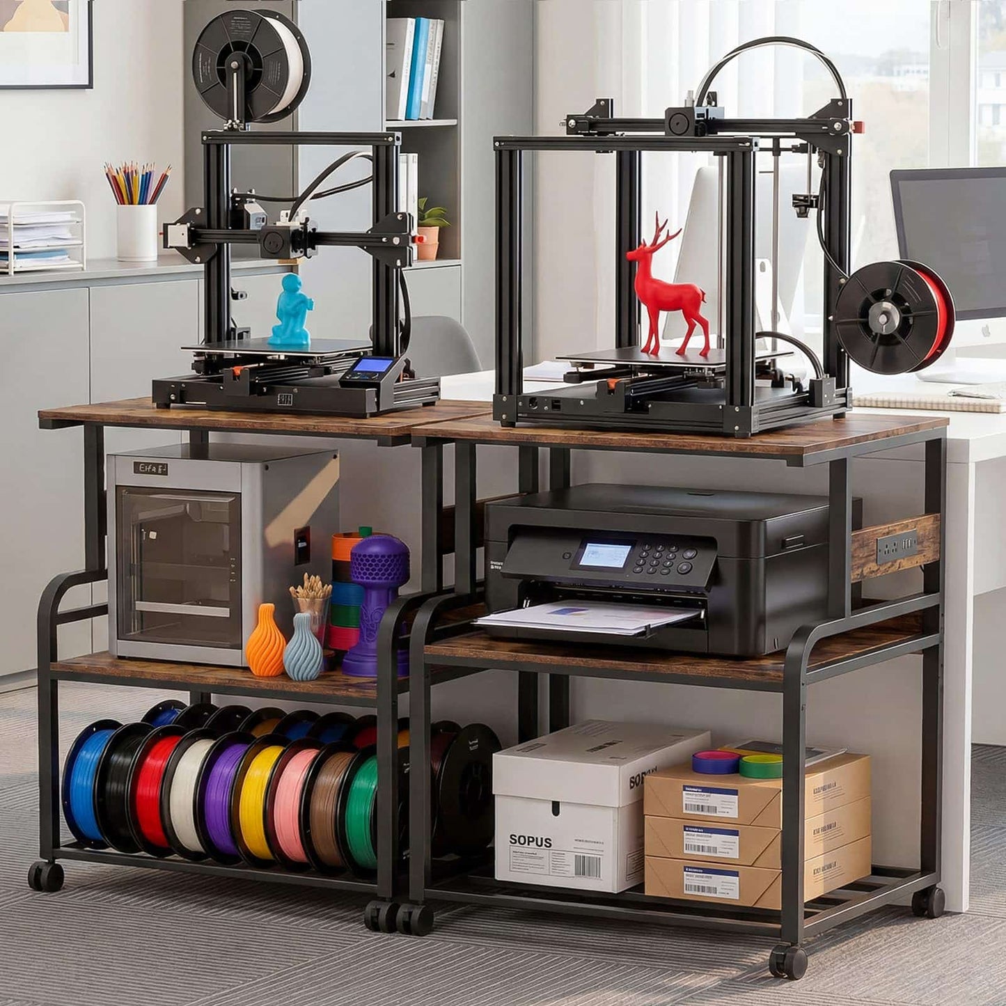 Heavy-Duty 3D Printer Rolling Cart with Power Outlet & Filament Storage, 3-Tier Adjustable Printer Stand for Home Office
