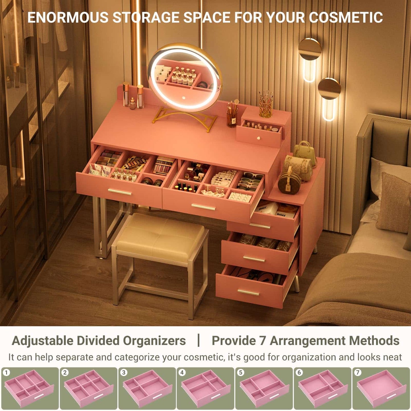 Vanity Desk with Mirror and Lights, Modern Makeup Vanity Table Set with 6 Storage Drawers and Cushioned Stool