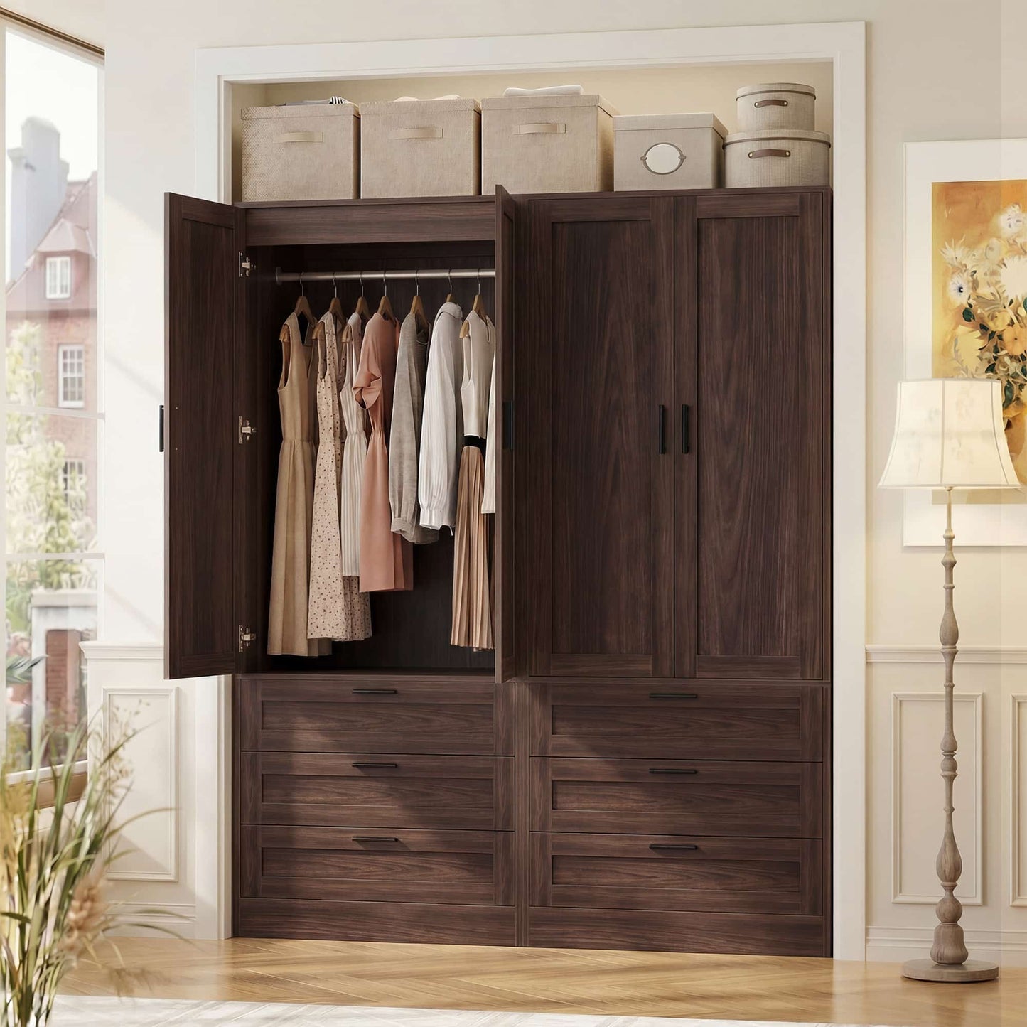 Double Armoire Wardrobe Closet Set - 71" Tall 2-in-1 Storage Cabinets with 6 Drawers, 2 Hanging Rods, 20" Extra Depth, Soft-Close Hinges & Metal Handles