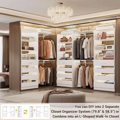 3-Piece L-Shaped Walk-in Closet Organizer System, 138.5" Wood Closet Tower with 12 Drawers & 4 Expandable Hanging Rods, Customizable Wardrobe Storage Set for Bedroom, Apartment