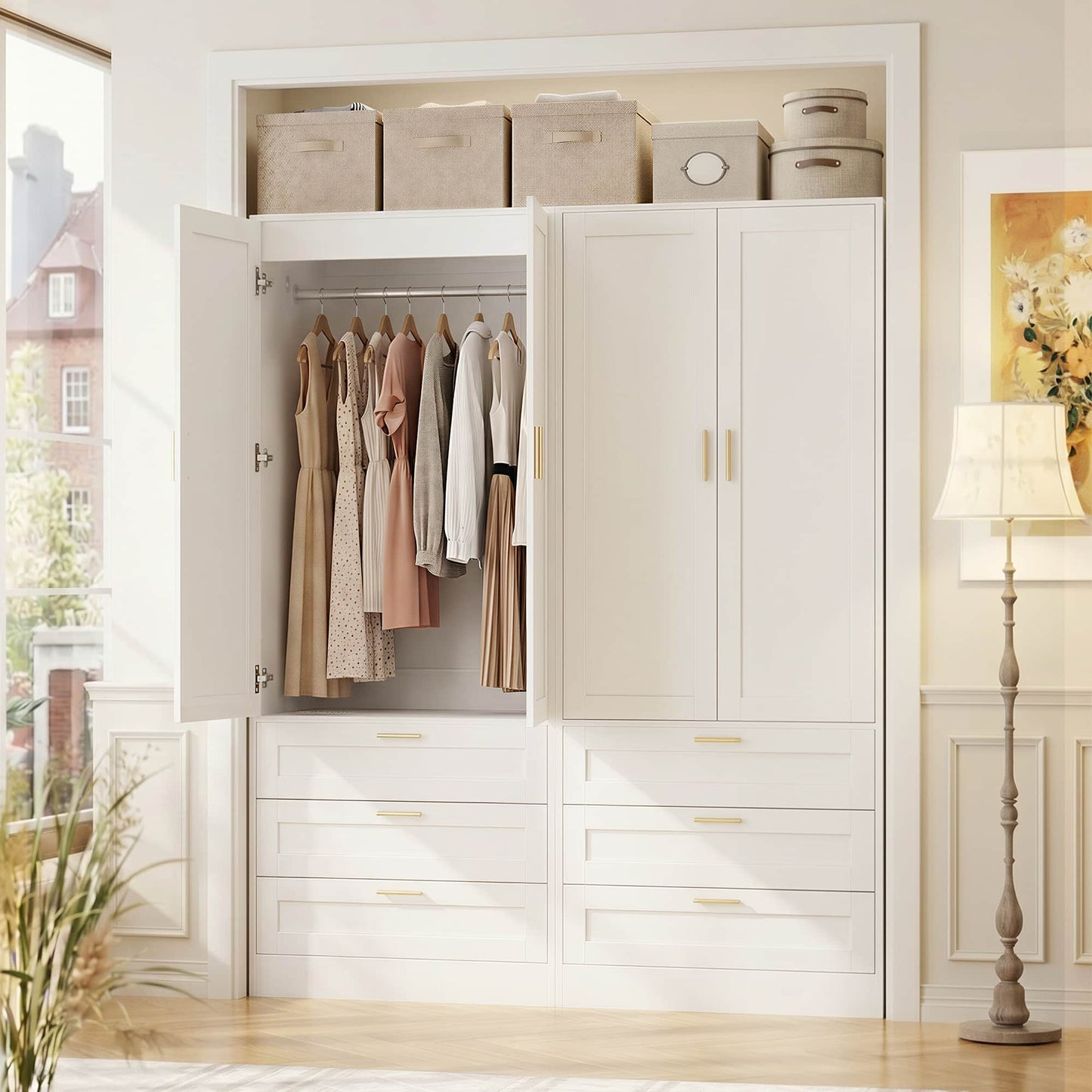 Double Armoire Wardrobe Closet Set - 71" Tall 2-in-1 Storage Cabinets with 6 Drawers, 2 Hanging Rods, 20" Extra Depth, Soft-Close Hinges & Metal Handles