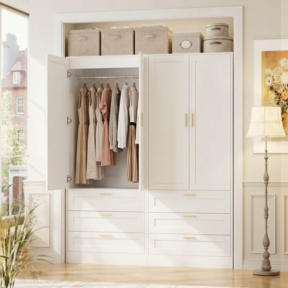 Double Armoire Wardrobe Closet Set - 71" Tall 2-in-1 Storage Cabinets with 6 Drawers, 2 Hanging Rods, 20" Extra Depth, Soft-Close Hinges & Metal Handles