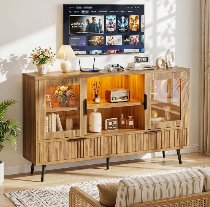RGB LED TV Stand with Power Outlet, 45" Entertainment Center with 8 Storage Drawers & Cabinets, Vanity Storage Cabinet ,Media Console Fits 30"-55" TVs for Living Room Bedroom