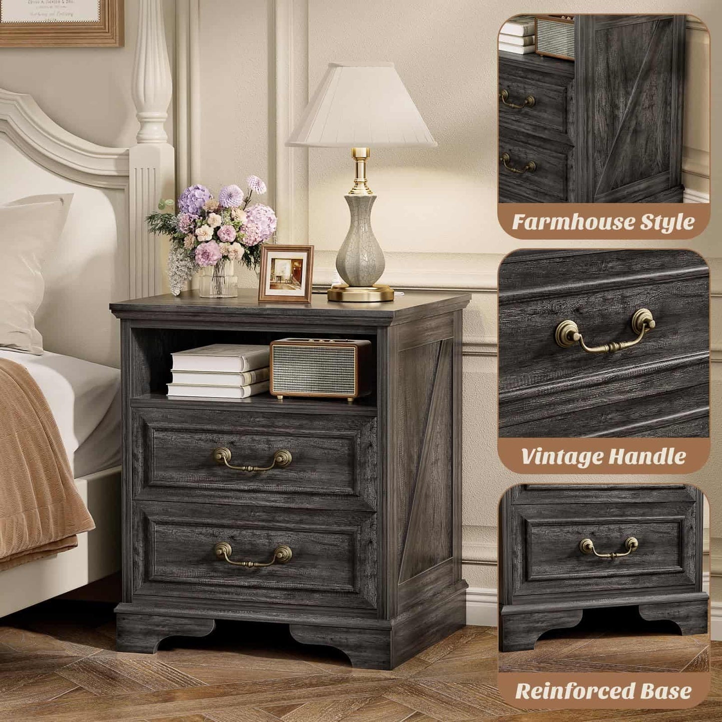 Nightstand with Charging Station -2 USB Ports, 3 AC Outlets, Farmhouse Rustic Wood End Table with 2 Drawers & Open Shelf