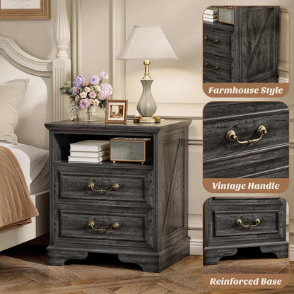 Nightstand with Charging Station -2 USB Ports, 3 AC Outlets, Farmhouse Rustic Wood End Table with 2 Drawers & Open Shelf