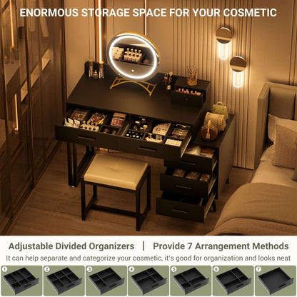 Vanity Desk with Mirror and Lights, Modern Makeup Vanity Table Set with 6 Storage Drawers and Cushioned Stool