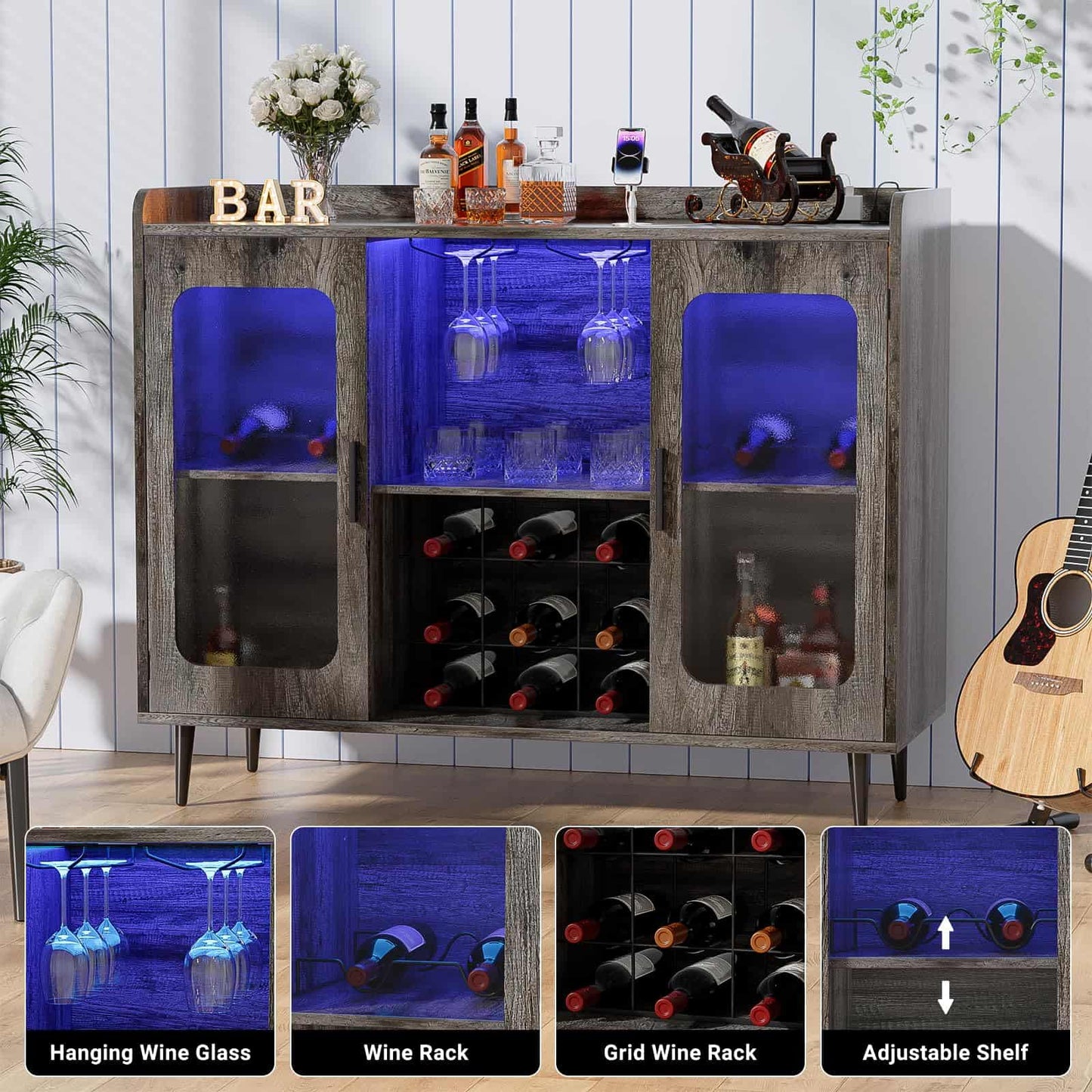 Assembled Wine Bar Cabinet with Power Outlet and LED Lights