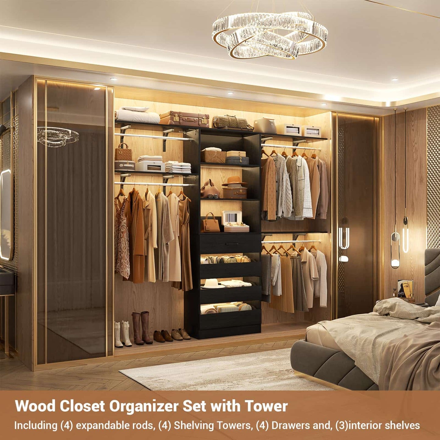 Closet System, 8FT Closet Organizer with 4 Wooden Drawers, Wood Closet Organizer System with Tower, Walk-in Closet Organizer Wardrobe