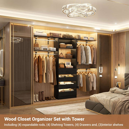 Closet System, 8FT Closet Organizer with 4 Wooden Drawers, Wood Closet Organizer System with Tower, Walk-in Closet Organizer Wardrobe