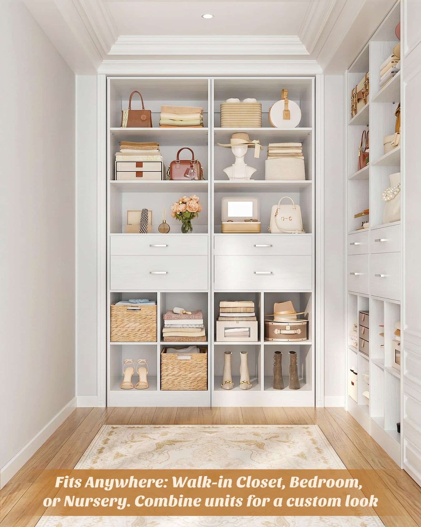 Tall Vertical Closet System, 18.9" Width Freestanding Wardrobe Storage Unit with Adjustable Shelves & Smooth-Glide Drawers