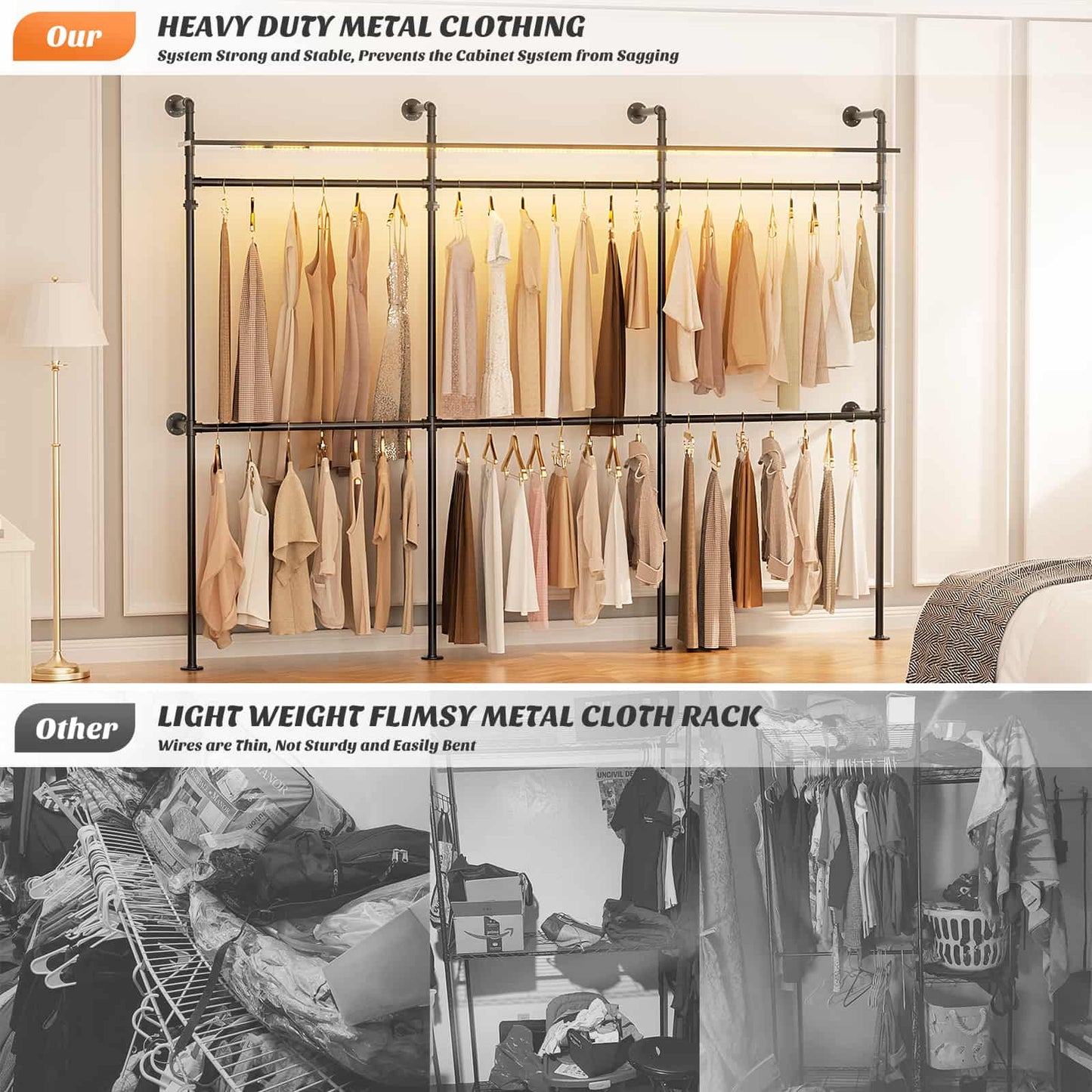 Industrial Pipe Clothing Rack, Heavy Duty Garment Rack