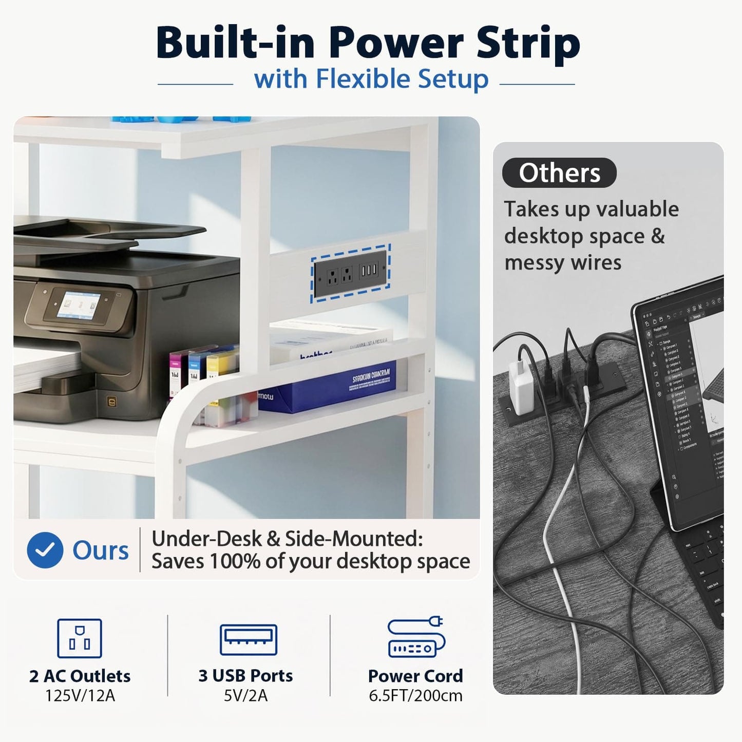 Heavy-Duty 3D Printer Rolling Cart with Power Outlet & Filament Storage, 3-Tier Adjustable Printer Stand for Home Office