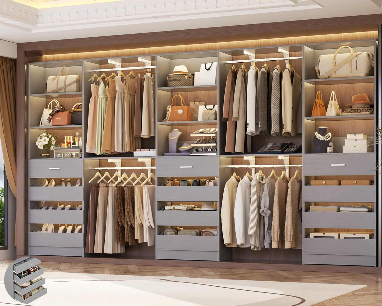 3-Piece L-Shaped Walk-in Closet Organizer System, 138.5" Wood Closet Tower with 12 Drawers & 4 Expandable Hanging Rods, Customizable Wardrobe Storage Set for Bedroom, Apartment