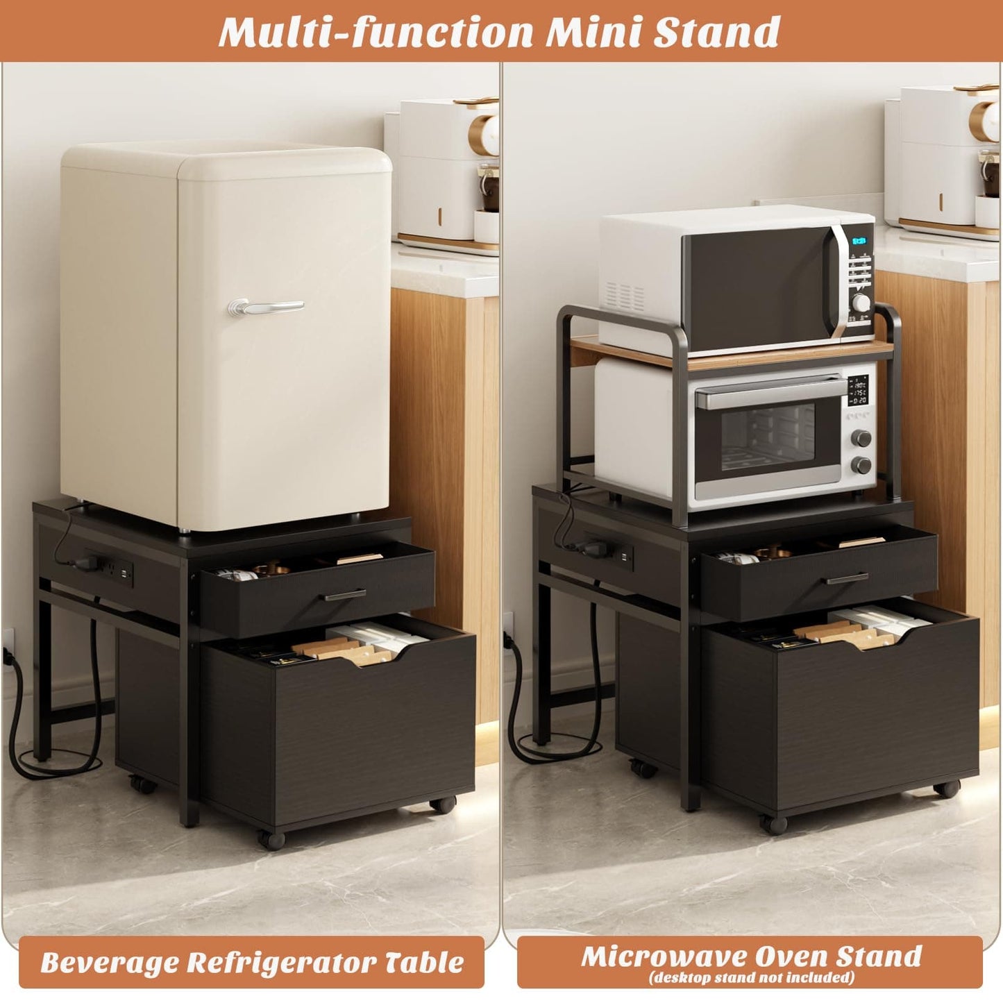 Mini Fridge Stand with Drawer Storage & Sockets, Heavy Duty Mini Refrigerator table with Rolling Cabinet