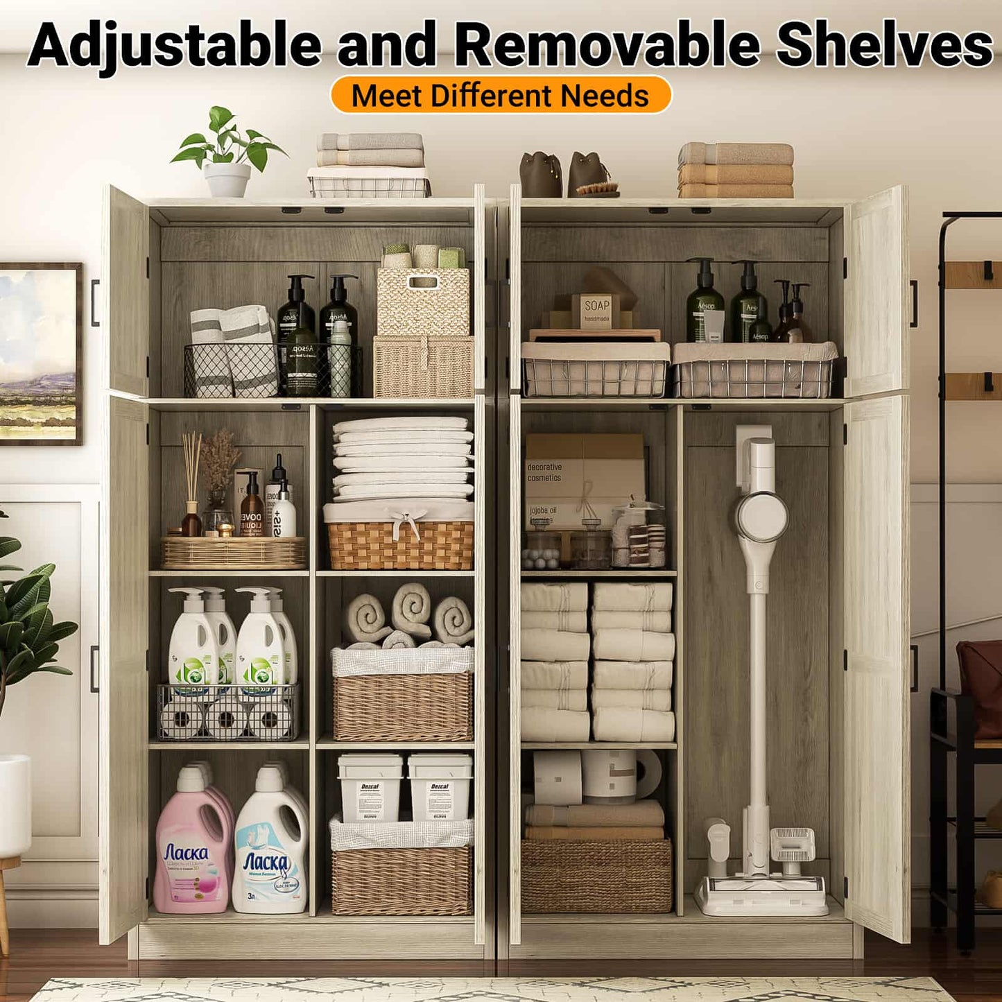 Farmhouse Kitchen Pantry Storage Cabinet with Adjustable Shelves and Barn Doors