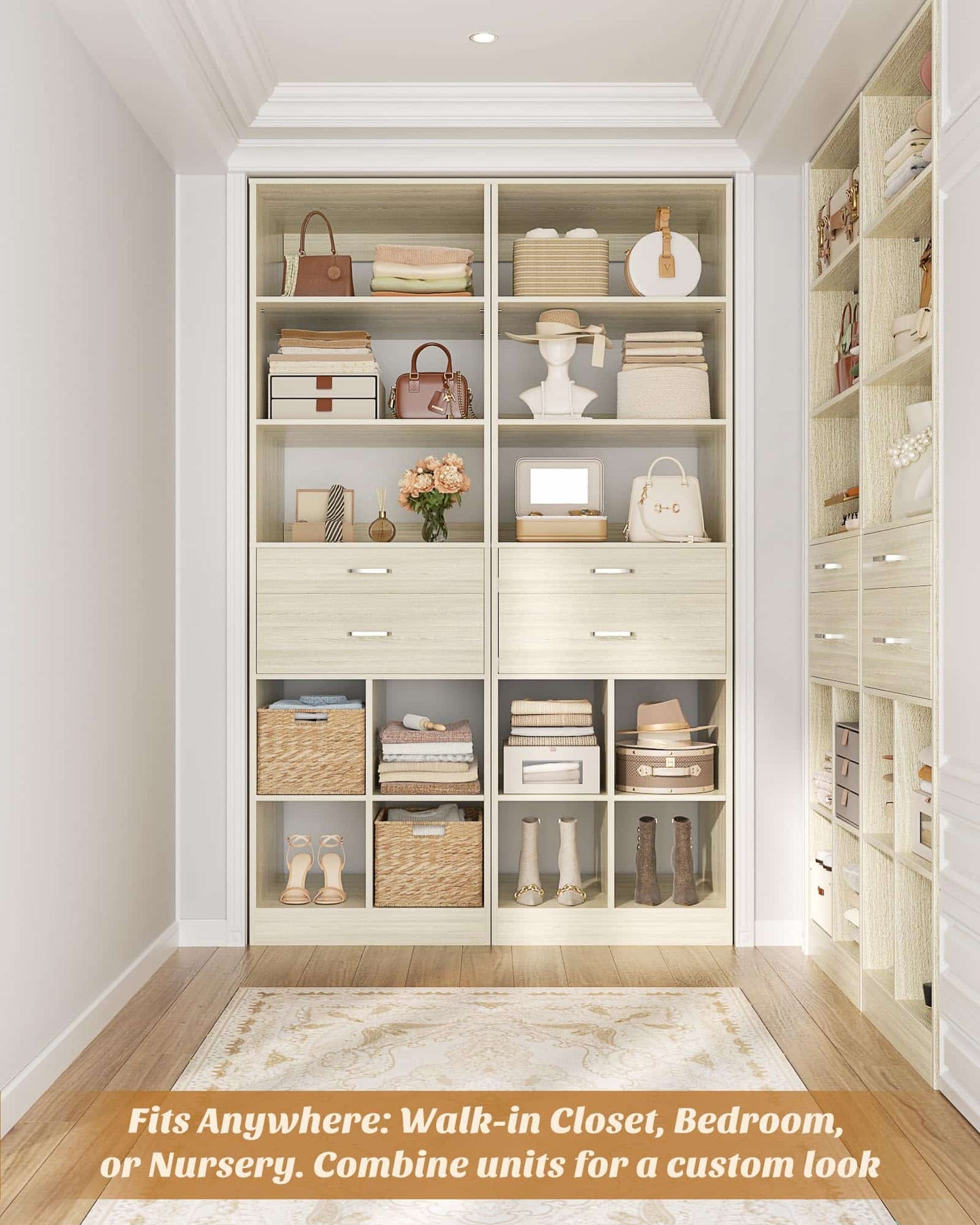 Tall Vertical Closet System, 18.9" Width Freestanding Wardrobe Storage Unit with Adjustable Shelves & Smooth-Glide Drawers
