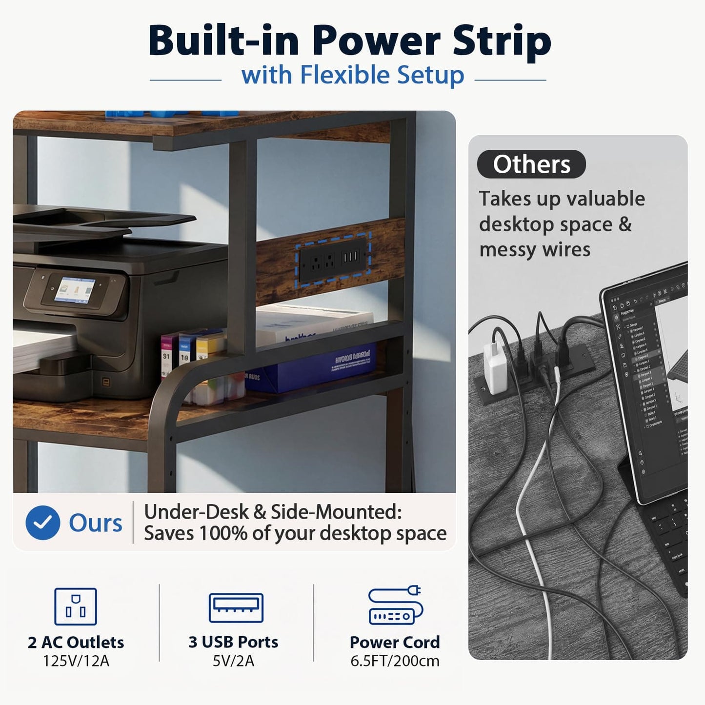 Heavy-Duty 3D Printer Rolling Cart with Power Outlet & Filament Storage, 3-Tier Adjustable Printer Stand for Home Office