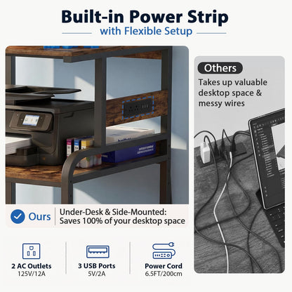 Heavy-Duty 3D Printer Rolling Cart with Power Outlet & Filament Storage, 3-Tier Adjustable Printer Stand for Home Office