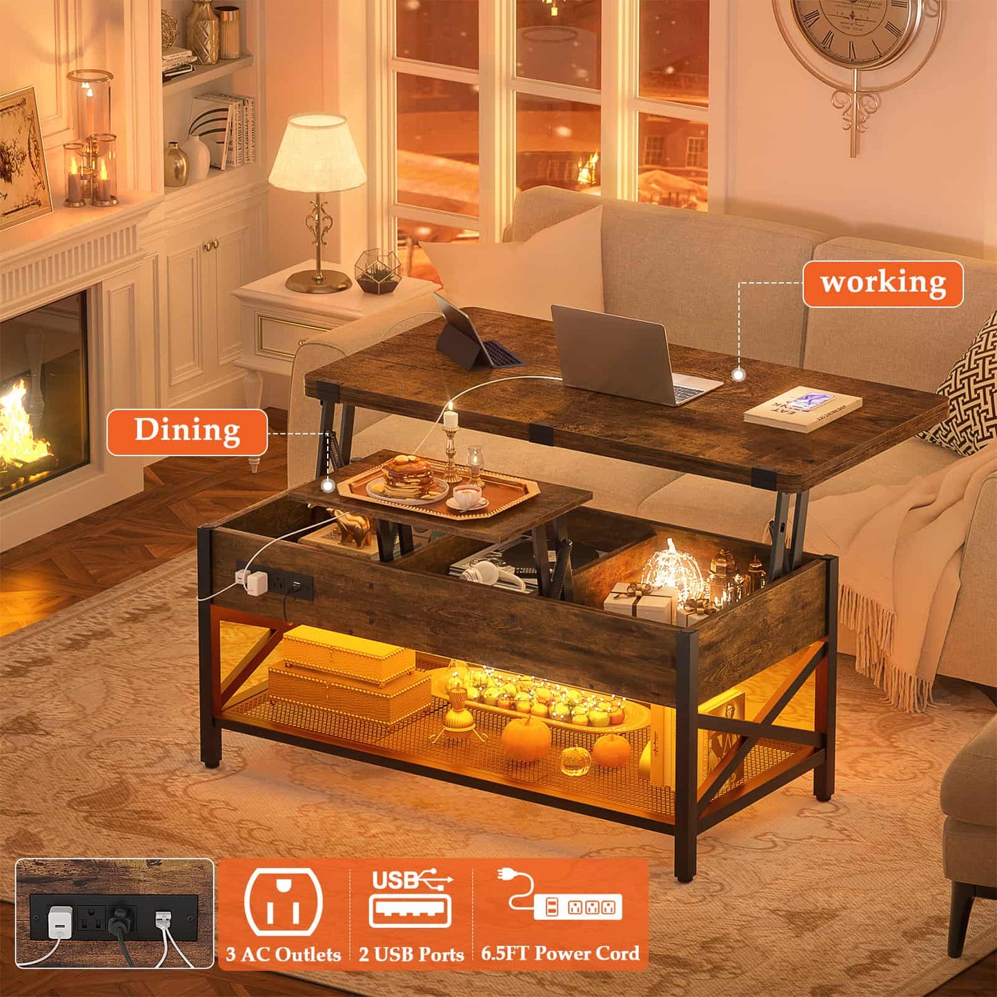 Coffee Table Lift Top with LED Light and Power Outlet, Multi-Function Coffee Table Converts to Dining Table