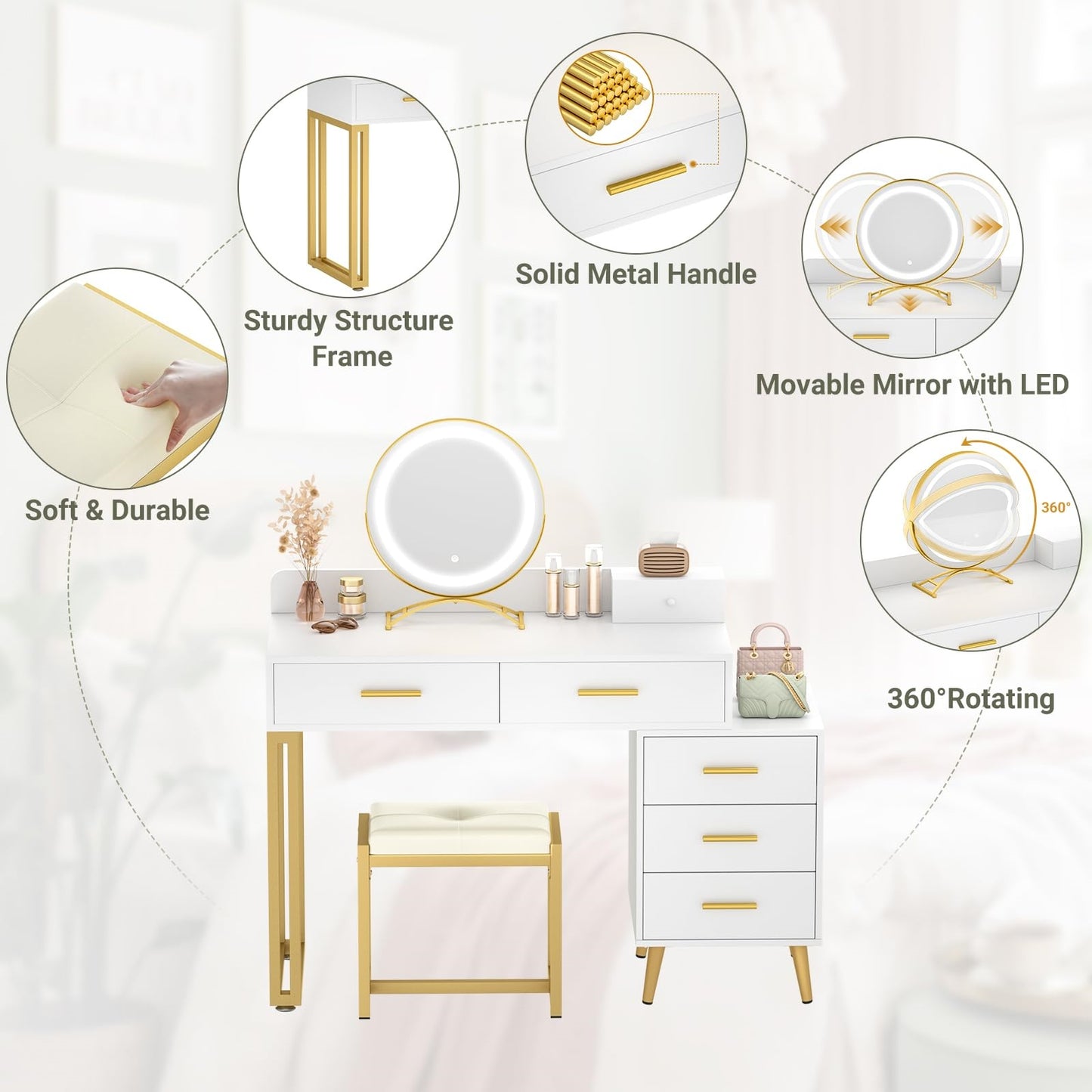 Vanity Desk with Mirror and Lights, Modern Makeup Vanity Table Set with 6 Storage Drawers and Cushioned Stool