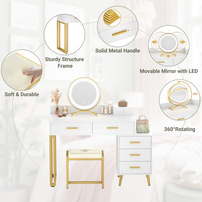 Vanity Desk with Mirror and Lights, Modern Makeup Vanity Table Set with 6 Storage Drawers and Cushioned Stool