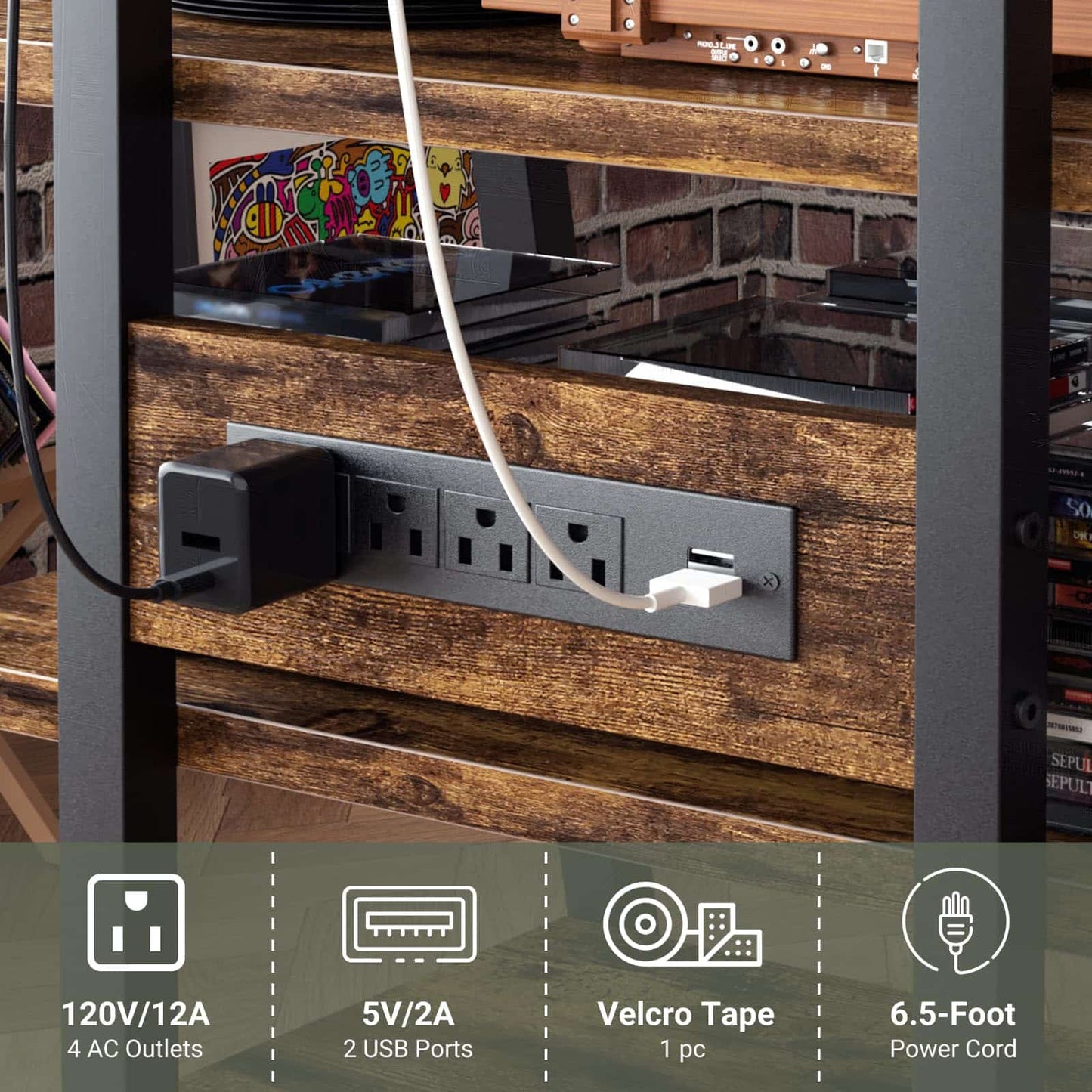4-Tier Media Stand with Vinyl Storage, Power Outlets & LED Lights