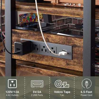 4-Tier Media Stand with Vinyl Storage, Power Outlets & LED Lights