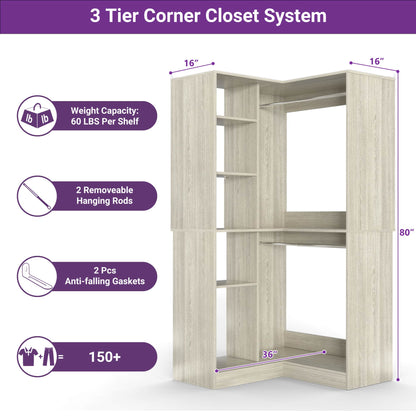 36" Corner Closet System - 2 Rods, Hutches, and 5 Shelves for Versatile Storage, Sturdy and Durable Design Armoire Closet Organizer