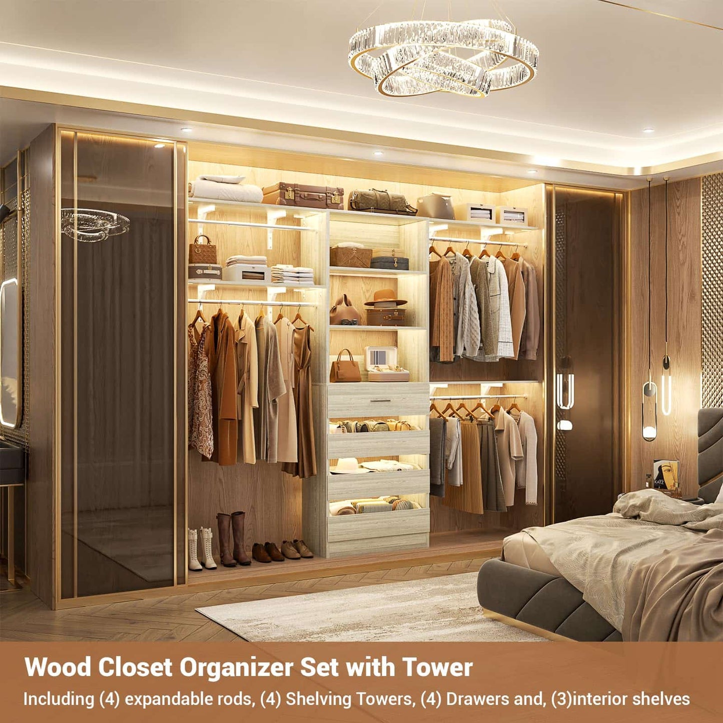 Closet System, 8FT Closet Organizer with 4 Wooden Drawers, Wood Closet Organizer System with Tower, Walk-in Closet Organizer Wardrobe