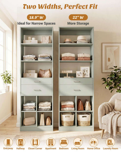 Tall Vertical Closet System, 18.9" Width Freestanding Wardrobe Storage Unit with Adjustable Shelves & Smooth-Glide Drawers