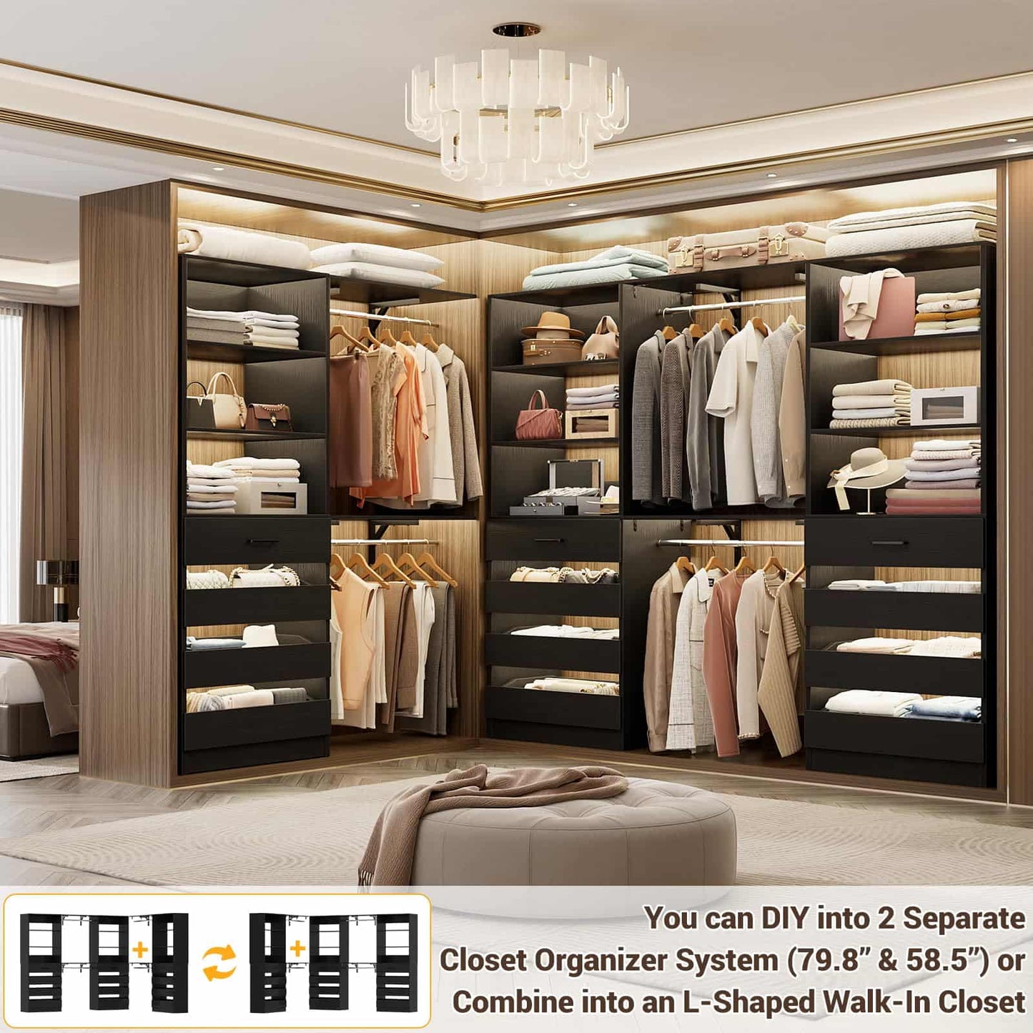 3-Piece L-Shaped Walk-in Closet Organizer System, 138.5" Wood Closet Tower with 12 Drawers & 4 Expandable Hanging Rods, Customizable Wardrobe Storage Set for Bedroom, Apartment