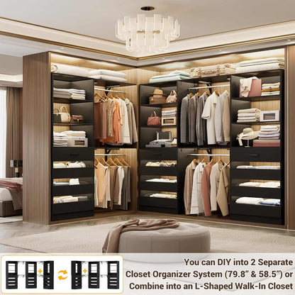 3-Piece L-Shaped Walk-in Closet Organizer System, 138.5" Wood Closet Tower with 12 Drawers & 4 Expandable Hanging Rods, Customizable Wardrobe Storage Set for Bedroom, Apartment