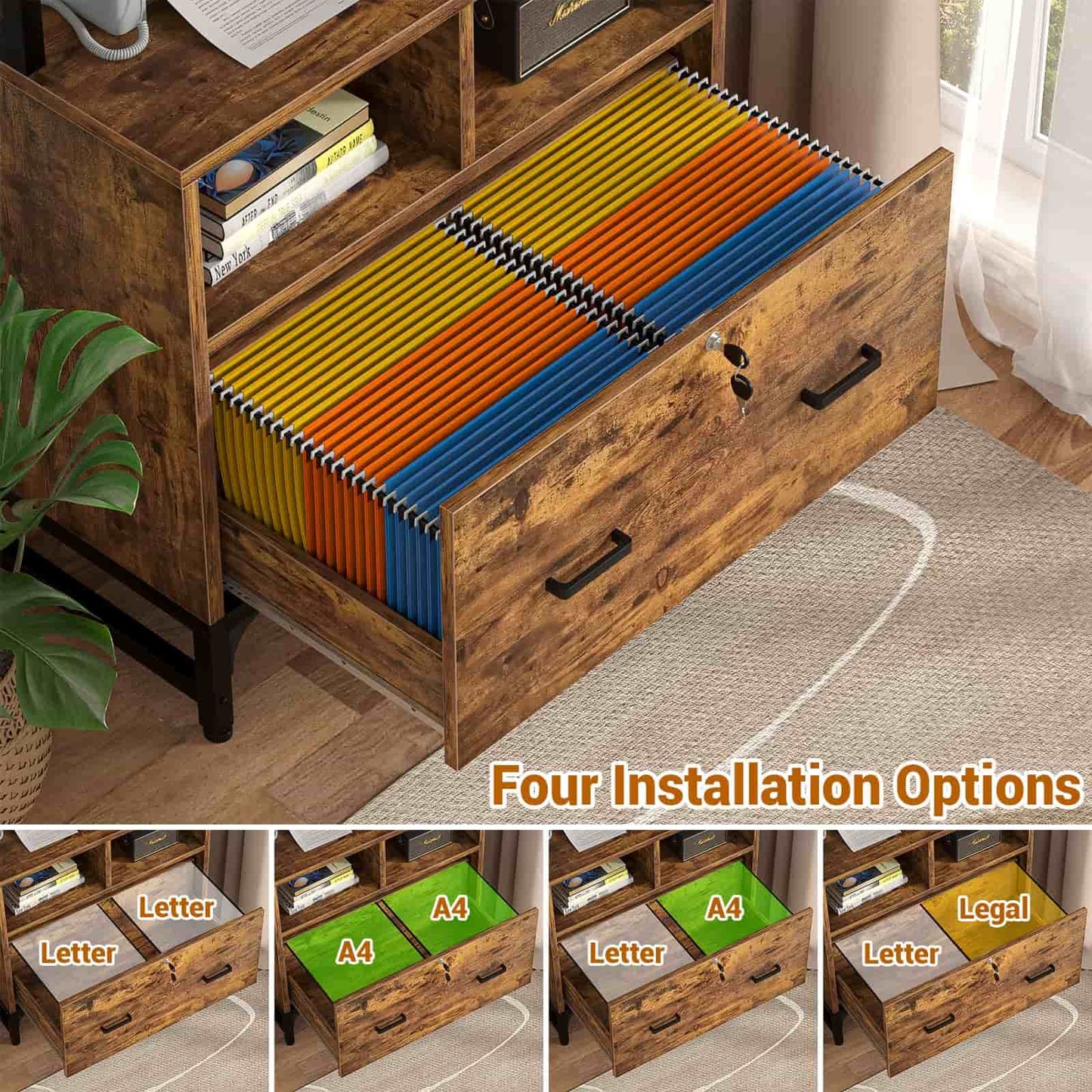2-Pack Vertical File Cabinet with Shelves, Charging Station, Lock, Large Drawer & Printer Stand