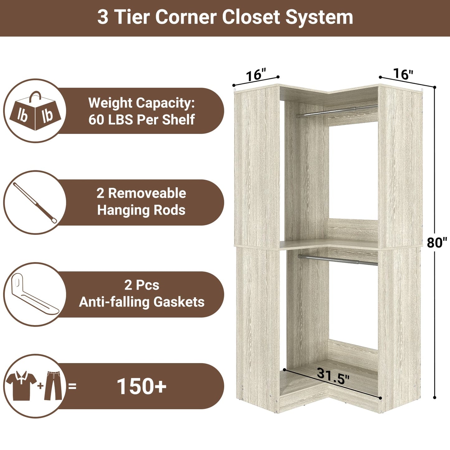 32 Inches Corner Closet System
