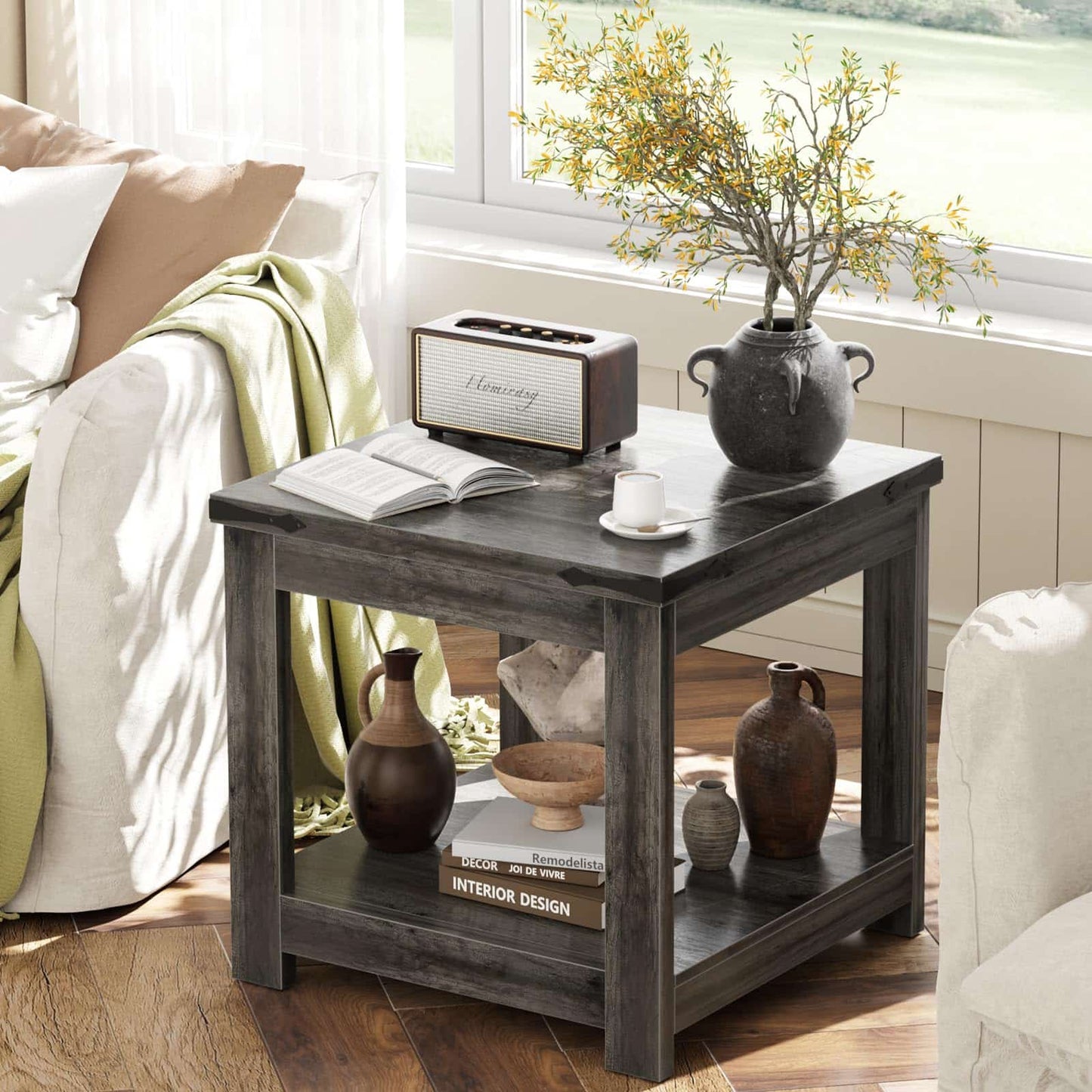 20-Inch Square Farmhouse End Table with Storage Shelf - Industrial Style for Bedroom & Living Room