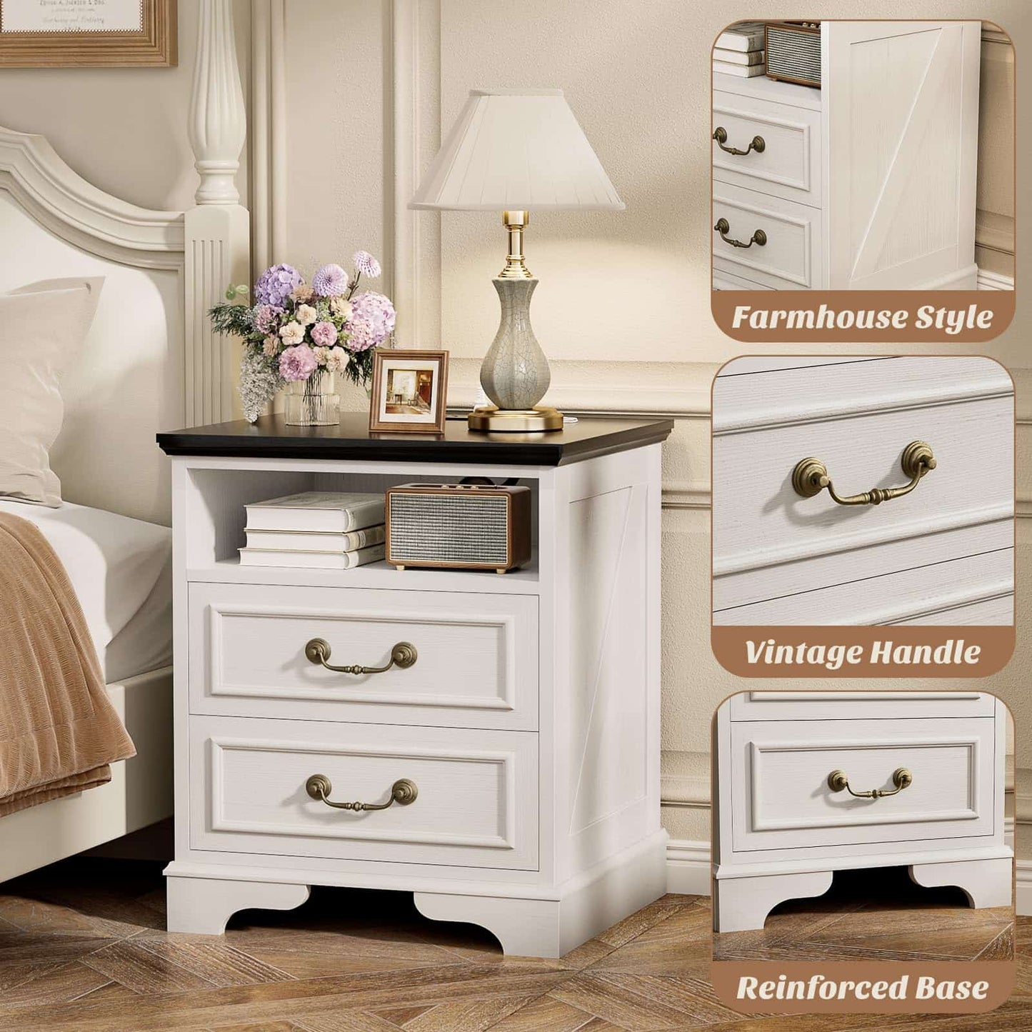 Nightstand with Charging Station -2 USB Ports, 3 AC Outlets, Farmhouse Rustic Wood End Table with 2 Drawers & Open Shelf