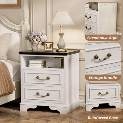 Nightstand with Charging Station -2 USB Ports, 3 AC Outlets, Farmhouse Rustic Wood End Table with 2 Drawers & Open Shelf