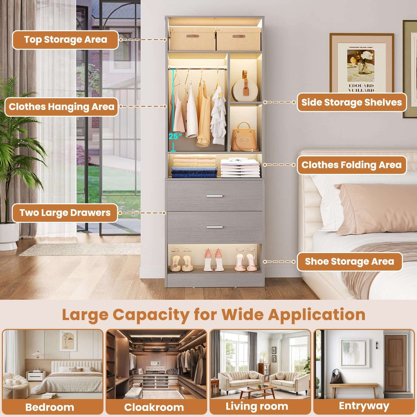 Freestanding 24" Closet System with 2 Wood Drawers, 2FT Small Closet Organizer System with 6 Shelves & Hanging Rod