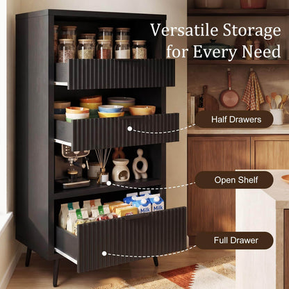Modern Fluted Storage Cabinet, 51.2" Tall Freestanding Organizer with 3 Drawers & Open Shelf, Versatile Pantry Cabinet for Bathroom, Kitchen, Entryway - Narrow Design for Small Spaces