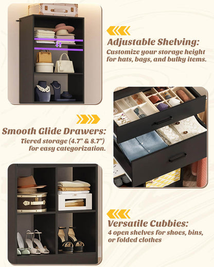 22" Floor-Standing Closet System, Multi-Tiered Wardrobe Storage Unit with Adjustable Shelves & Smooth-Glide Drawers